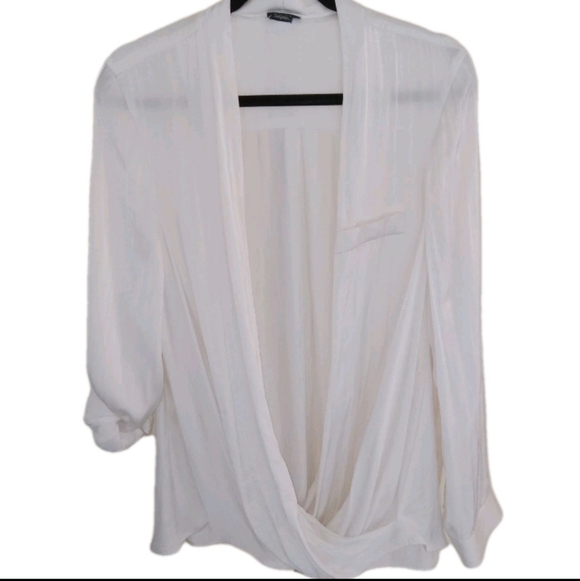 torrid Tops - Torrid Cream Long Roll Tab Sleeve Faux Wrap Pullover 2